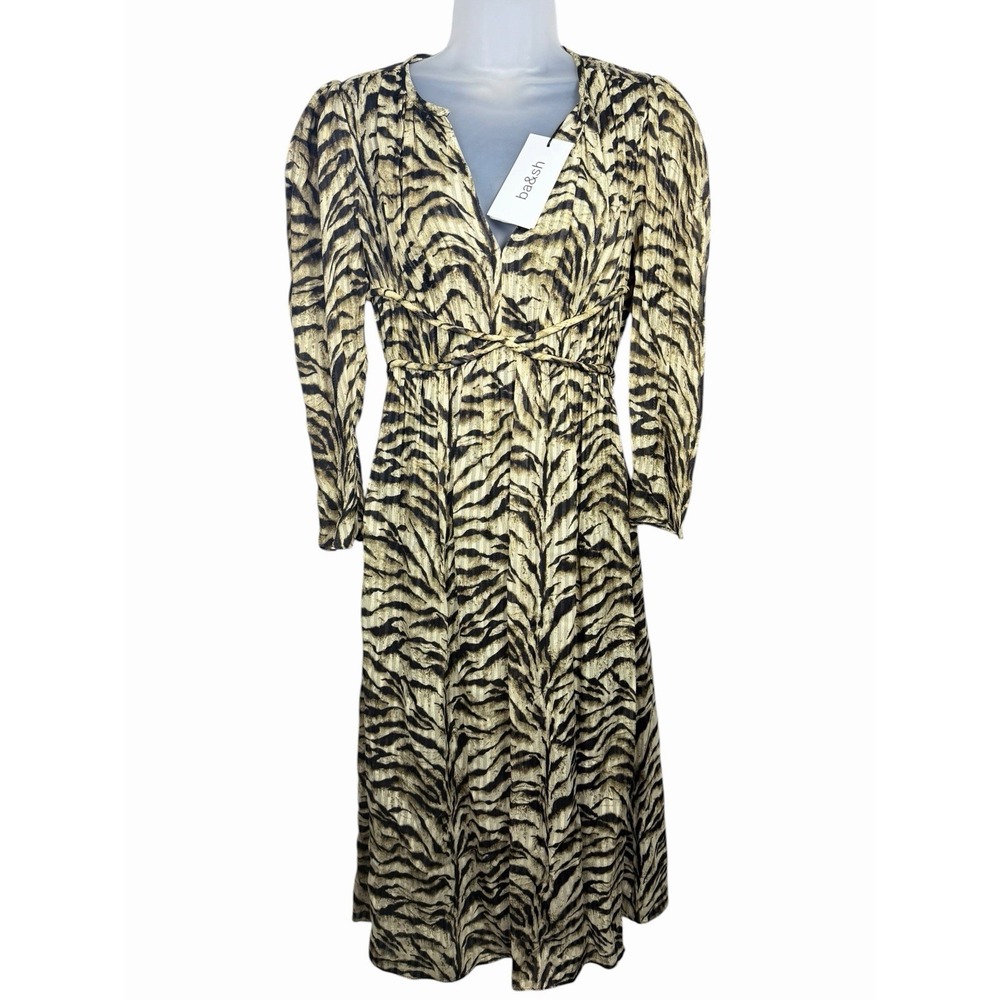 ba&sh Imany Tiger Print Midi Dress Tie Waist Long Sleeve Beige Black Sz 0